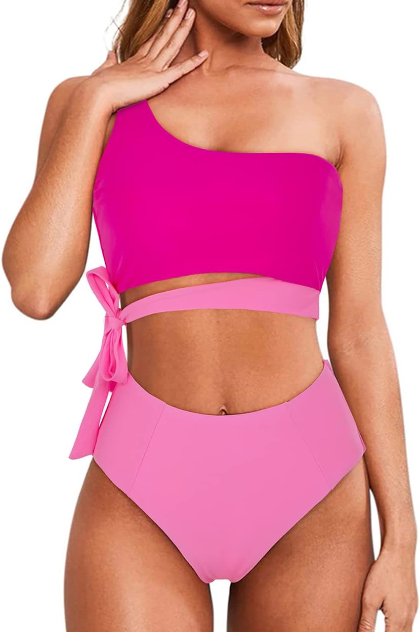 MOOSLOVER Women One Shoulder High Waisted Bikini Tie High Cut Two Piece Swimsuits