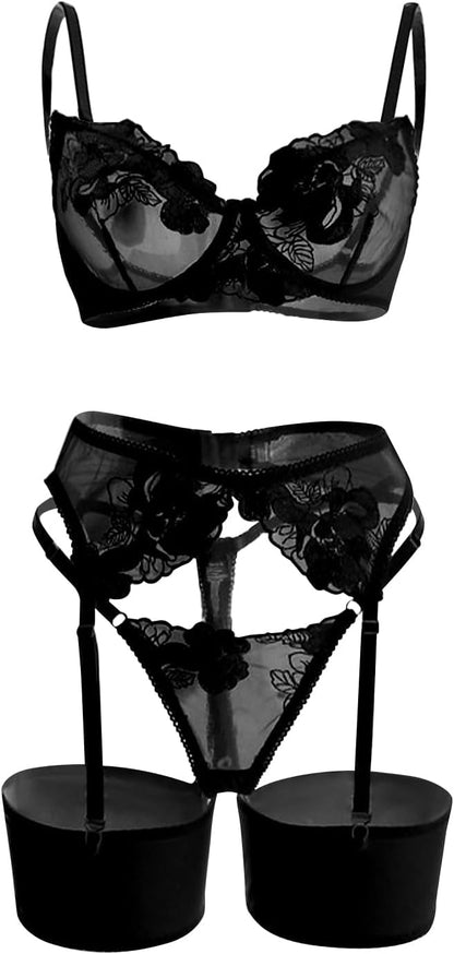 Lilosy Sexy Leaf Floral Embroidered Mesh Sheer Women Underwire Push Up Lingerie Set