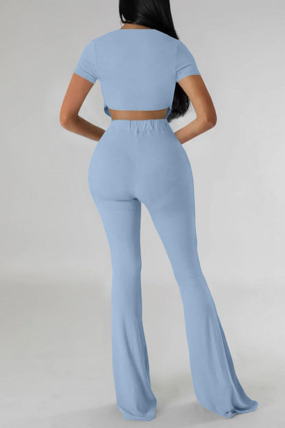 OLUOLIN Two Piece Sets for Women Short Sleeve Sexy V Neck Belted Crop Tops Wide Leg Pants Set Tracksuit