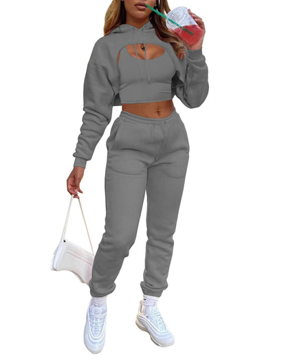 Adogirl Women 3 Piece Outfits Tracksuits Set Sexy Long Sleeve Pullover Hoodie Tank Crop Tops Jogger Sweatpants Sweatsuits
