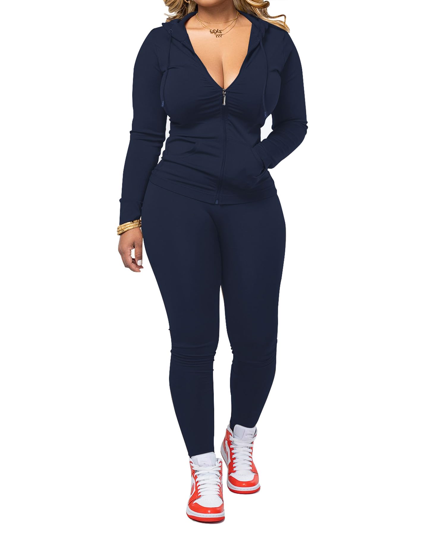 PINSV Women Two Piece Outfits Workout Sets Bodycon Tracksuit Long Sleeve Zip Up Hoodie Jacket Jogger Matching Sweat Pants Set