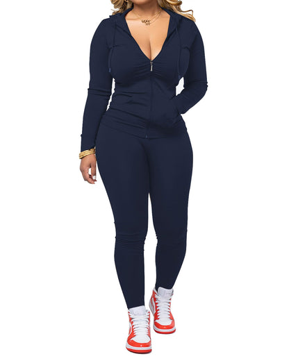PINSV Women Two Piece Outfits Workout Sets Bodycon Tracksuit Long Sleeve Zip Up Hoodie Jacket Jogger Matching Sweat Pants Set