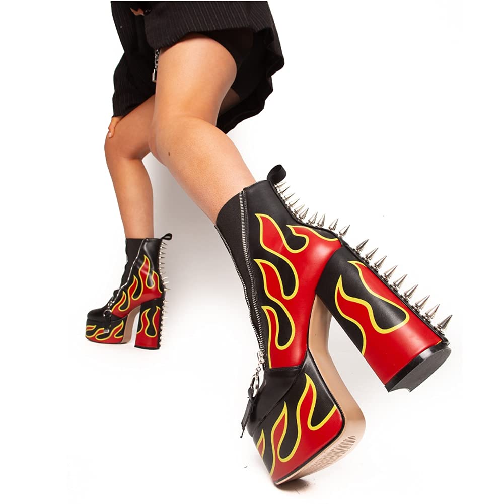 DETOGNI Women's Elastic band High Heels Rivets Ankle Boots Ladies Flames Totem Metal Zipper Thick Heels Punk Booties