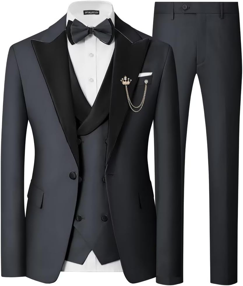 Mens 3 Piece Tuxedo Suit Slim Fit Wedding Prom Dinner Tuxedo for Men Double Breasted Suits Set with Bow Tie
