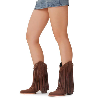 Fringe Cowboy Boots for Women – Mid Calf Cowgirl Boots with Star Studded, Pointed Toe and Chunky Heel, Perfect for Country Music Festivals