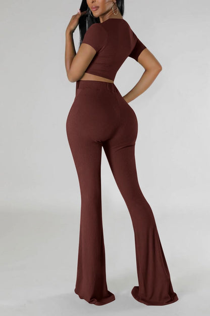 OLUOLIN Two Piece Sets for Women Short Sleeve Sexy V Neck Belted Crop Tops Wide Leg Pants Set Tracksuit