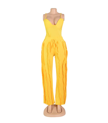 PRIVIMIX Women 2 Piece Outfits Fringe Tassel Long Pants Set Adjustable Suspenders Bodysuit Spaghetti Strap Clubwear Jumpsuits