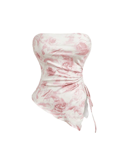 WDIRARA Women's Floral Mesh Strapless Side Ruched Tube Top Asymmetrical Hem Bandeau Crop Tops