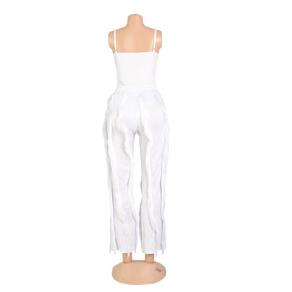 PRIVIMIX Women 2 Piece Outfits Fringe Tassel Long Pants Set Adjustable Suspenders Bodysuit Spaghetti Strap Clubwear Jumpsuits