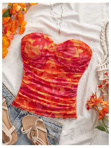 WDIRARA Women's Floral Mesh Tube Top Strapless Ruched Bandeau Summer Vacation Crop Tops