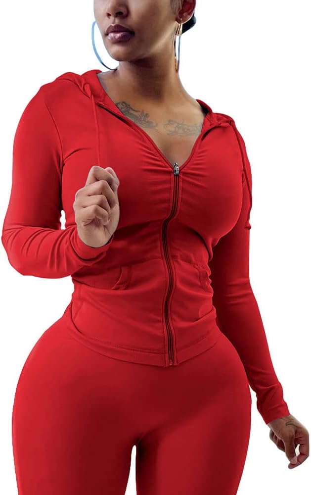 PINSV Women Two Piece Outfits Workout Sets Bodycon Tracksuit Long Sleeve Zip Up Hoodie Jacket Jogger Matching Sweat Pants Set