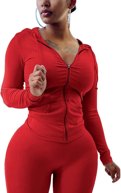 PINSV Women Two Piece Outfits Workout Sets Bodycon Tracksuit Long Sleeve Zip Up Hoodie Jacket Jogger Matching Sweat Pants Set