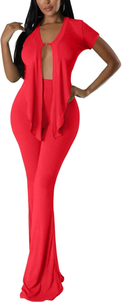 OLUOLIN Two Piece Sets for Women Short Sleeve Sexy V Neck Belted Crop Tops Wide Leg Pants Set Tracksuit