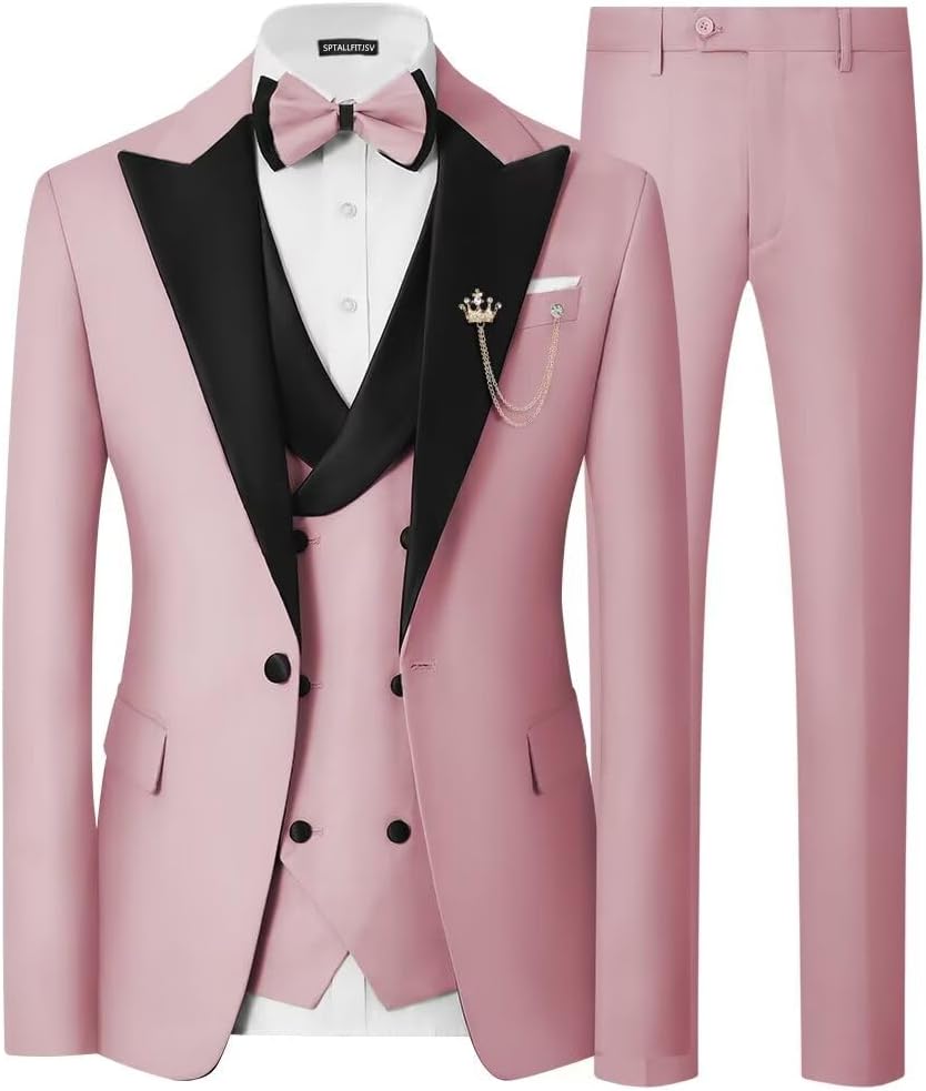 Mens 3 Piece Tuxedo Suit Slim Fit Wedding Prom Dinner Tuxedo for Men Double Breasted Suits Set with Bow Tie