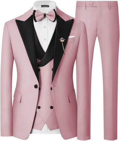 Mens 3 Piece Tuxedo Suit Slim Fit Wedding Prom Dinner Tuxedo for Men Double Breasted Suits Set with Bow Tie