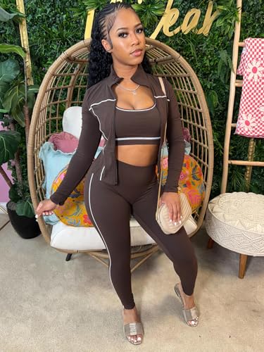 Womens Lounge 3 Piece Outfits Long Sleeve High Neck Zipper Slim Jacket Bodycon Pants Tracksuits Workout Set