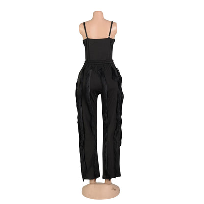 PRIVIMIX Women 2 Piece Outfits Fringe Tassel Long Pants Set Adjustable Suspenders Bodysuit Spaghetti Strap Clubwear Jumpsuits