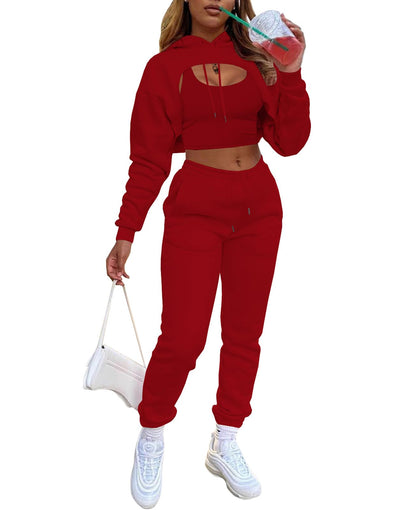 Adogirl Women 3 Piece Outfits Tracksuits Set Sexy Long Sleeve Pullover Hoodie Tank Crop Tops Jogger Sweatpants Sweatsuits