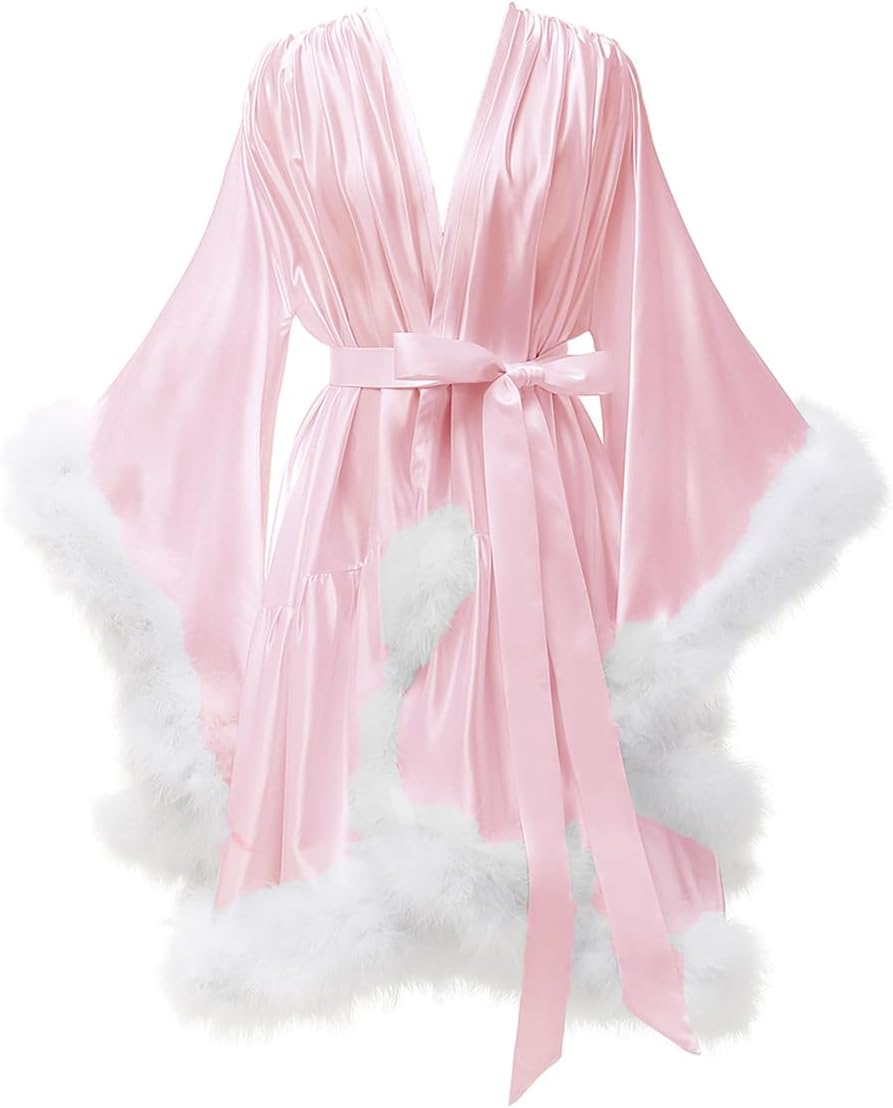 Yexinbridal Feather Fur Robe Silk Satin Bridal Dressing Gown Sexy Illusion Lingerie Nightgown Bathrobe Sleepwear