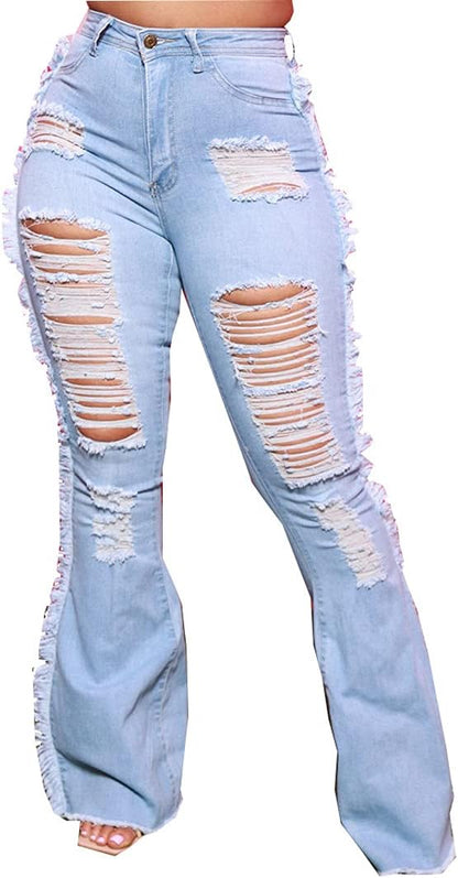 Women's Bell Bottom Jeans Classic Destoryed Ripped Flare Jeans Elastic Waist Raw Hem Denim Pants