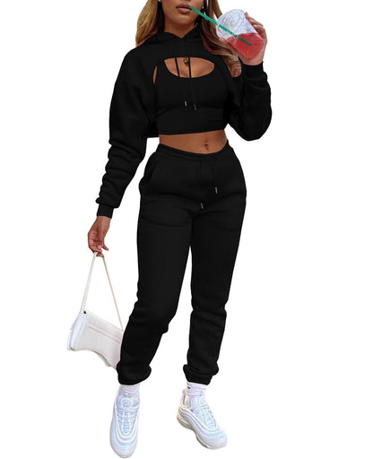 Adogirl Women 3 Piece Outfits Tracksuits Set Sexy Long Sleeve Pullover Hoodie Tank Crop Tops Jogger Sweatpants Sweatsuits