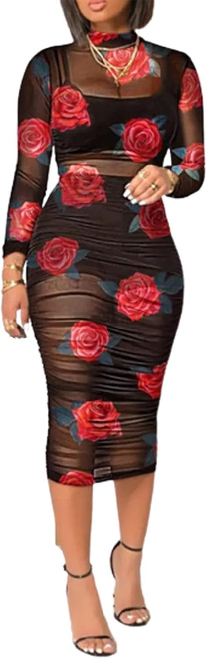 Women Sexy See Through Mesh Long Sleeve Ruched Midi Dresses Crop Top Bodycon Skirt 3 Piece Outfits Set Clubwear