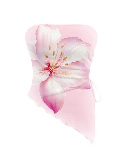 WDIRARA Women's Floral Mesh Strapless Side Ruched Tube Top Asymmetrical Hem Bandeau Crop Tops