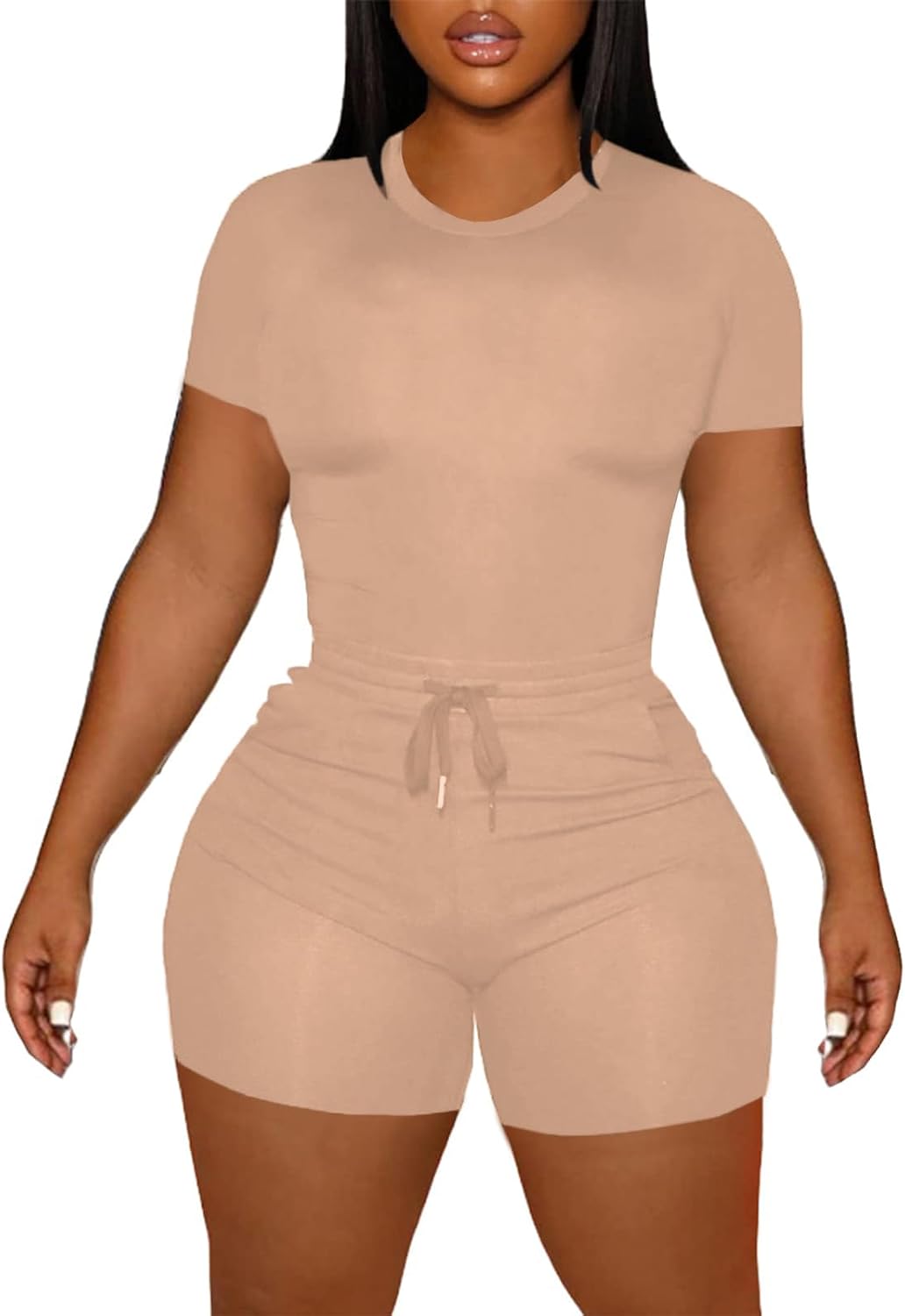 LovelyWholesale Women's Summer 2 Piece Outfits Skinny Shorts Tracksuit Sets