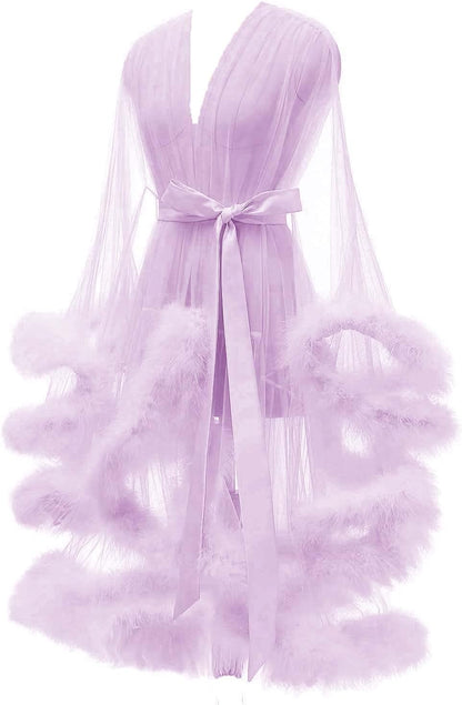 Tulle Feather Robe Sexy Sheer Mesh Fur Bridal Illusion Boudoir Bathrobe Nightgown Christmas Lingerie