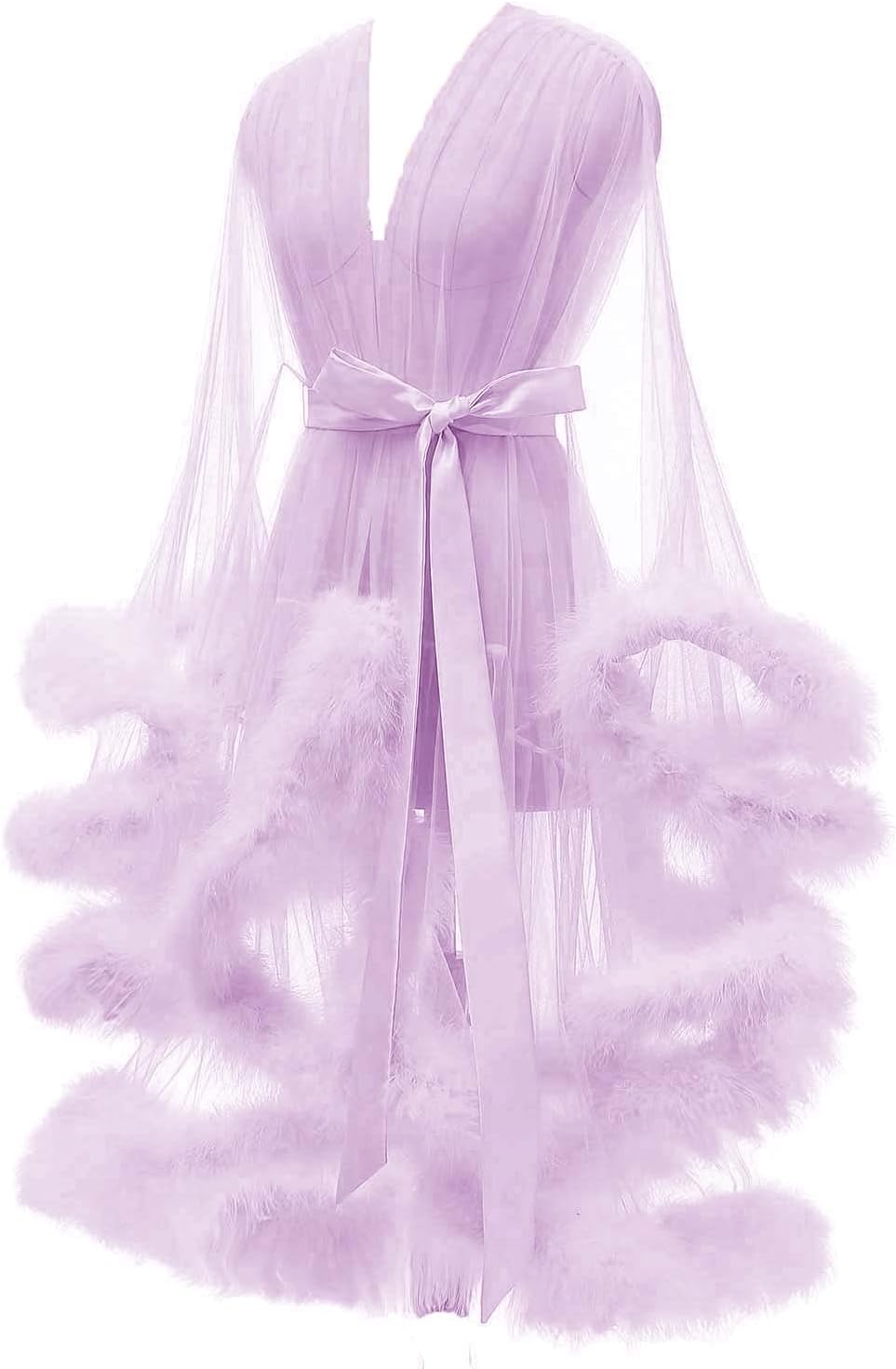 Tulle Feather Robe Sexy Sheer Mesh Fur Bridal Illusion Boudoir Bathrobe Nightgown Christmas Lingerie