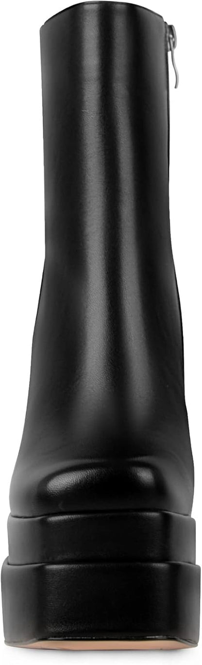 ANN CREEK Women's Double Platform Ankle Boots Chunky Heel Booties Side Zipper Square Toe High Heel Casual Boots