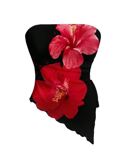 WDIRARA Women's Floral Mesh Strapless Side Ruched Tube Top Asymmetrical Hem Bandeau Crop Tops