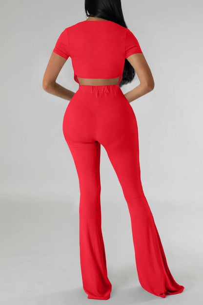 OLUOLIN Two Piece Sets for Women Short Sleeve Sexy V Neck Belted Crop Tops Wide Leg Pants Set Tracksuit