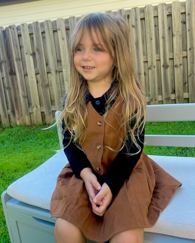 HINTINA Toddler Little Girl Sleeveless Button Vest Ribbed Long Sleeve Collar Top And Pleated Skirt With Belt