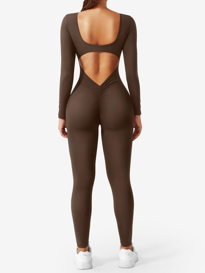YEOREO Long Sleeve Jumpsuits for Women V Back Bodysuit Workout Full Length Bodycon Scrunch Leggings One Piece Romper