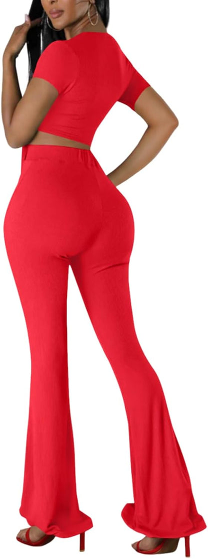 OLUOLIN Two Piece Sets for Women Short Sleeve Sexy V Neck Belted Crop Tops Wide Leg Pants Set Tracksuit