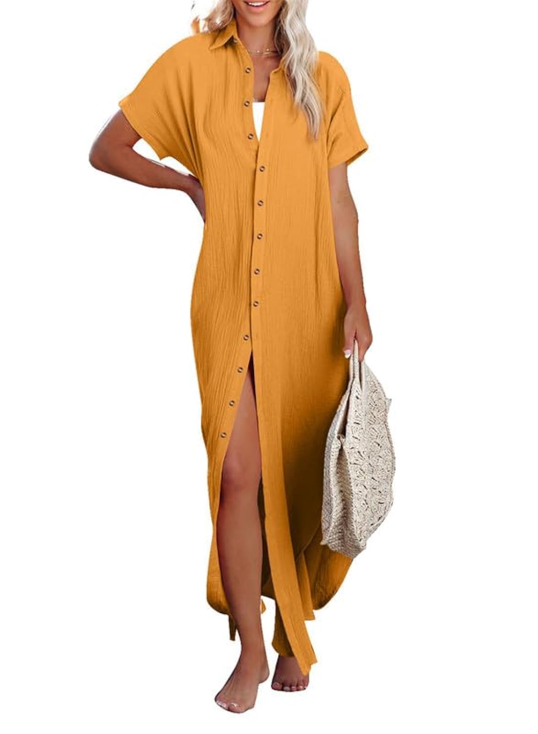 Dokotoo Womens Casual Short Sleeve Side Split Button Down Long Kimonos Cardigans Swimsuit Cover Ups Summer Beach Dress