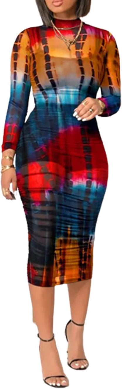 Women Sexy See Through Mesh Long Sleeve Ruched Midi Dresses Crop Top Bodycon Skirt 3 Piece Outfits Set Clubwear