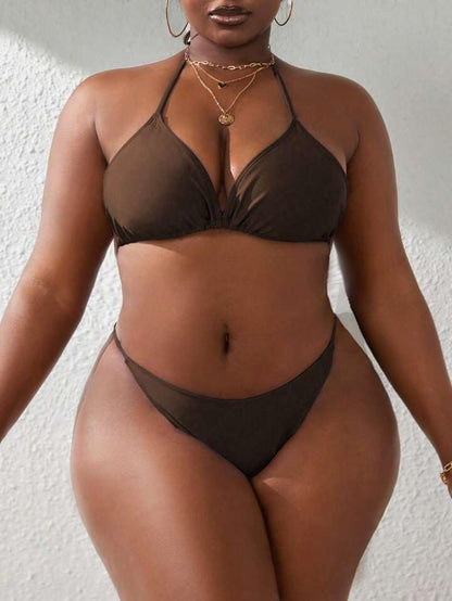 YELAIVP Women's Plus Size Halter String Triangle Bikini Sets 3 Piece Swimsuits with Side Ruched Drawstring Cover Up