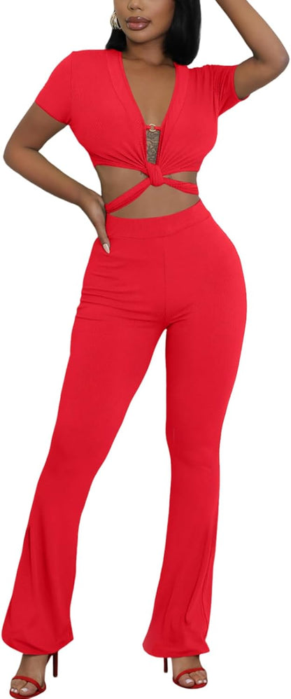 OLUOLIN Two Piece Sets for Women Short Sleeve Sexy V Neck Belted Crop Tops Wide Leg Pants Set Tracksuit