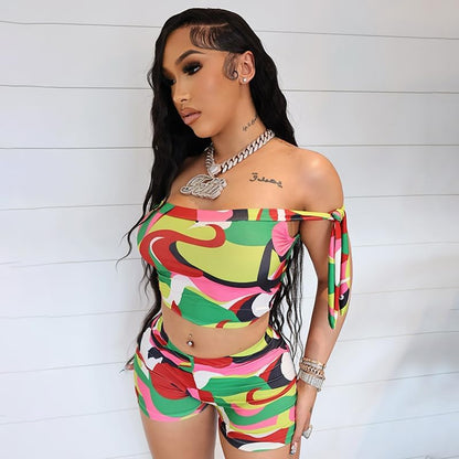 Mandonce Shorts Sets Women 2 Piece Outfits Off The Shoulder Strappy Tie Sleeveless Crop Top and Bodycon Shorts Clubwear Sexy