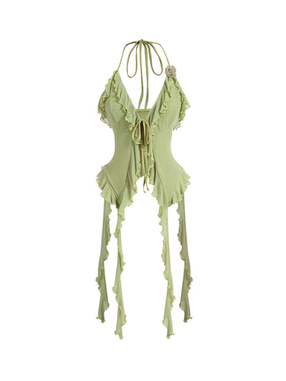 WDIRARA Women's 3D Flower Tie Front Ruffle Trim Halter Top Tie Backless Camisole