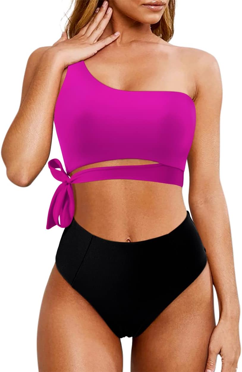 MOOSLOVER Women One Shoulder High Waisted Bikini Tie High Cut Two Piece Swimsuits