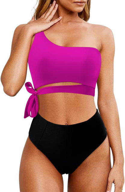 MOOSLOVER Women One Shoulder High Waisted Bikini Tie High Cut Two Piece Swimsuits