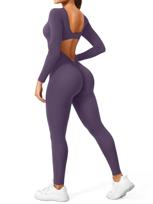 YEOREO Long Sleeve Jumpsuits for Women V Back Bodysuit Workout Full Length Bodycon Scrunch Leggings One Piece Romper