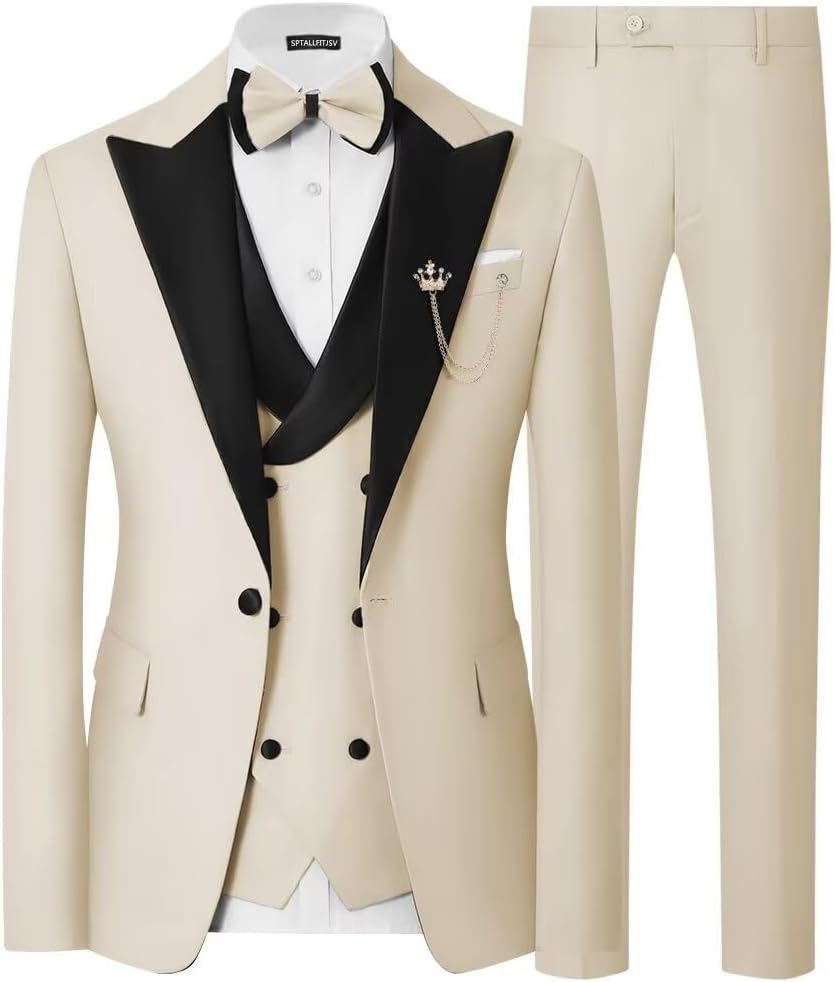 Mens 3 Piece Tuxedo Suit Slim Fit Wedding Prom Dinner Tuxedo for Men Double Breasted Suits Set with Bow Tie