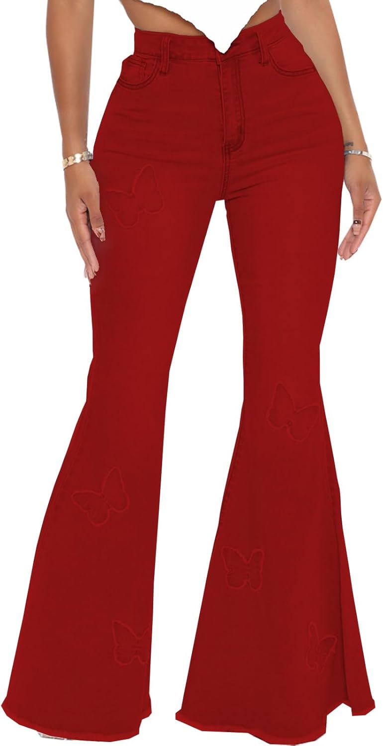 Women's Bell Bottom Jeans Classic Destoryed Ripped Flare Jeans Elastic Waist Raw Hem Denim Pants