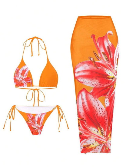 ZAFUL Womens 3pcs Swimsuit Floral Halter Triangle Bikini Top Tie Side Bottom with Long Sheer Cover Up Skirt