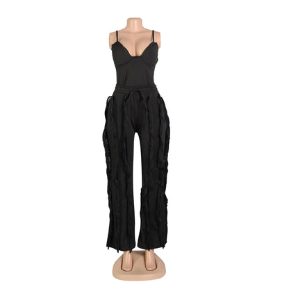 PRIVIMIX Women 2 Piece Outfits Fringe Tassel Long Pants Set Adjustable Suspenders Bodysuit Spaghetti Strap Clubwear Jumpsuits