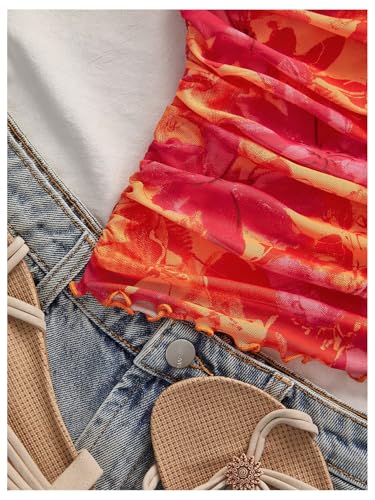 WDIRARA Women's Floral Mesh Tube Top Strapless Ruched Bandeau Summer Vacation Crop Tops